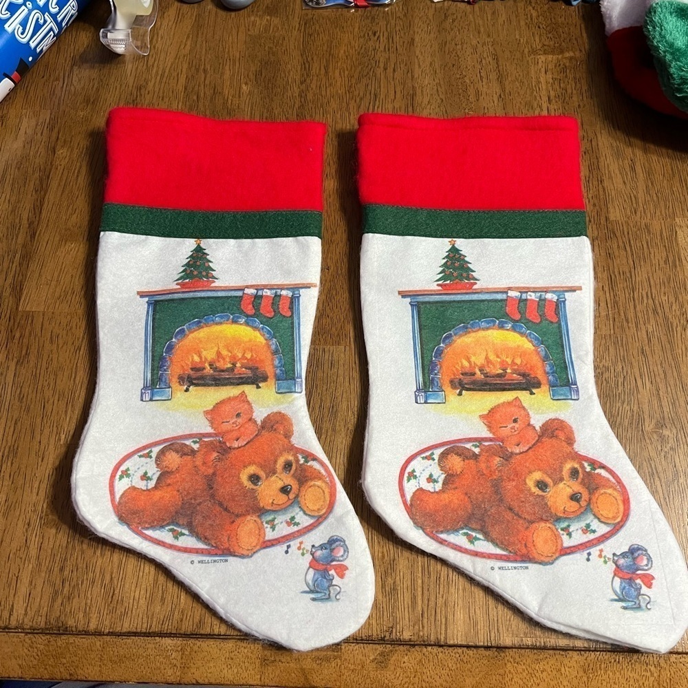 Vintage Wellington Stockings Bear with Fireplace Set of 2